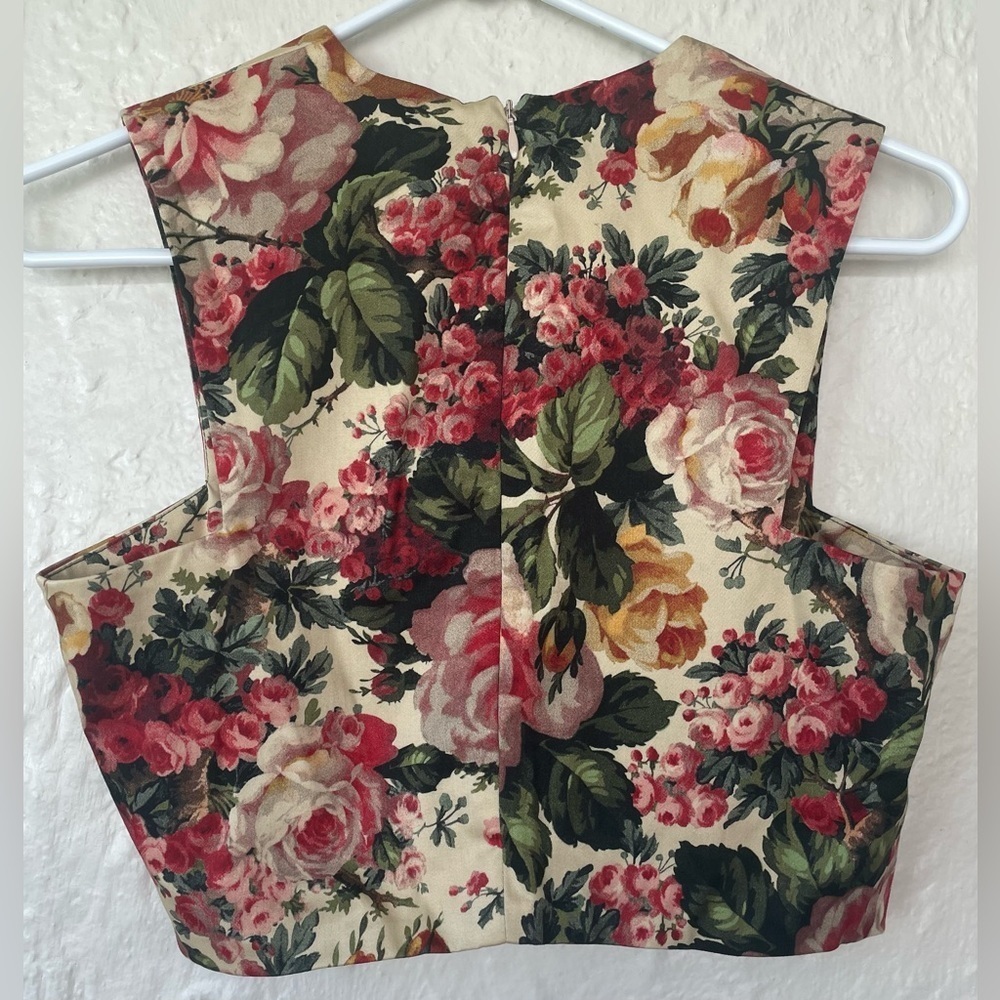 NWT Zara v-neck crop top, cream/green/pink brocade floral design, zip back; XS - Picture 7 of 8